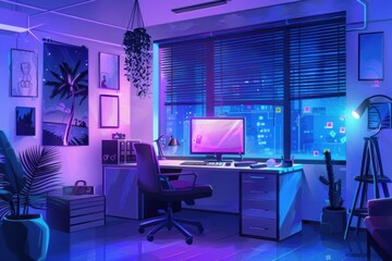 Modern loft office interior with furniture computer purple chair.