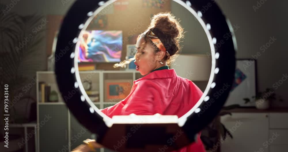 Poster record, dance and woman with phone at night for live streaming on social media, mobile app and websi