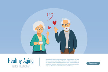 Senior couple with mini heart hand. Healthy aging, active elderly with wellness. Vector.