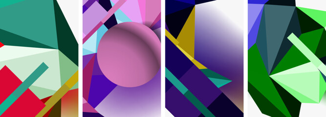 A vibrant collage of purple, magenta, and violet geometric shapes rectangles, triangles, and patterns on a white background, creating a colorful and artistic display
