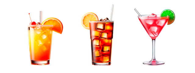 Set of PNG Images of Cosmopolitan, Tequila Sunrise, and Long Island Iced Tea Cocktails Isolated on Transparent Backgrounds