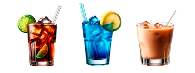 Set of PNG Images of Cuba Libre, Baileys, and Blue Curaçao Cocktails Isolated on Transparent Backgrounds