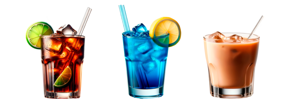 Set of PNG Images of Cuba Libre, Baileys, and Blue Curaçao Cocktails Isolated on Transparent Backgrounds