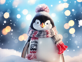 Obraz premium Snowman with red scarf, hat and mittens in winter forest.