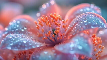Delicately focused dewdrops cling to the petals of an unfolding flower, each one a miniature world reflecting the dawn light. The intricate patterns of nature captured in stunning detail.