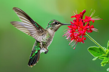 Costa's hummingbird, hummingbird in flight, hummingbird drinking from a red flower