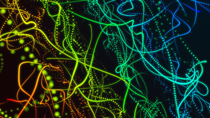 Layered blue red structure. Stunning surface composed of neon glow particles that form waves of light. Captivating seamless looped animation. Design is perfect for various. 3D Illustration