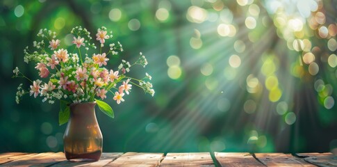 Spring background with wooden table and blooming flowers in vase on blurred green nature bokeh light rays