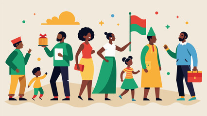 A visual presentation showcasing Juneteenth celebrations from different time periods demonstrating how the holiday has evolved over the years.. Vector illustration - obrazy, fototapety, plakaty
