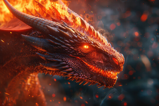 Mbox movie still, red dragon flying through the clouds of fire, fiery eyes. Created with Ai