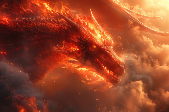 A red dragon in the sky, with fiery scales, in the epic fantasy movie style, a closeup of its head and body. Created with Ai