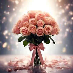 A bouquet of delicate beautiful powdery roses tied with a long pink ribbon on a blurred dark background along the edges with flying lights