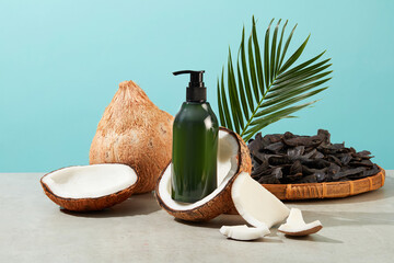 Blue background against unlabeled green bottle contains product made by black locust and coconut...