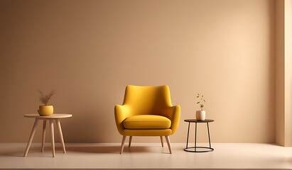 Yellow chair in minimal room mock up minimal warm tone room 3d illustration rendering
