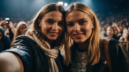 Selfie image of two happy smiling young beautiful caucasian women at a concert in a giant modern...