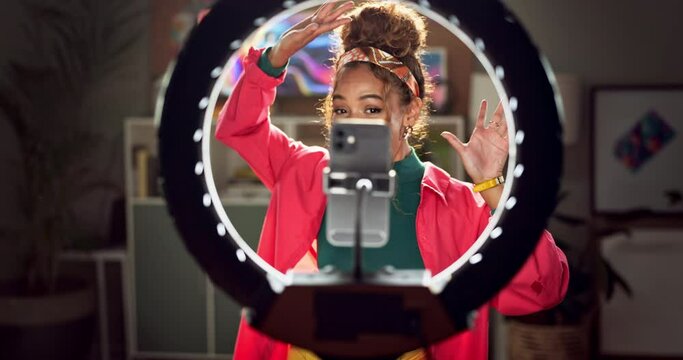 Record, influencer and woman with phone for live streaming on social media, mobile app and website. Happy, content creator and person in ring light on smartphone for dance tutorial, broadcast or vlog