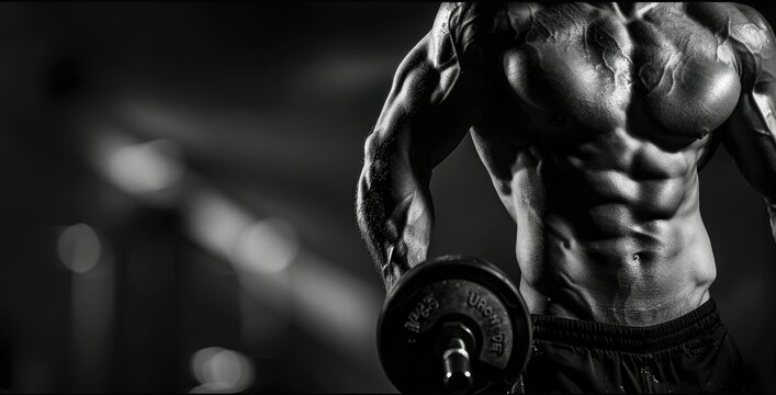 Intense Black and White Gym Workout with Muscular Male Athlete