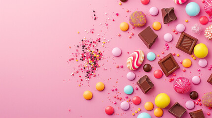 Top view of candies scattered on pink background,  National Candy Day wallpaper with copy space