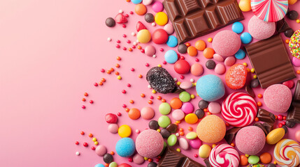 Fototapeta na wymiar Top view of candies scattered on pink background, National Candy Day wallpaper with copy space