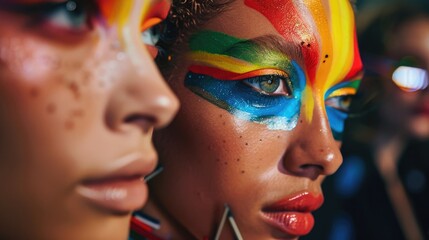 Vibrant Rainbow Face Paint on Young Women Celebrating Pride
