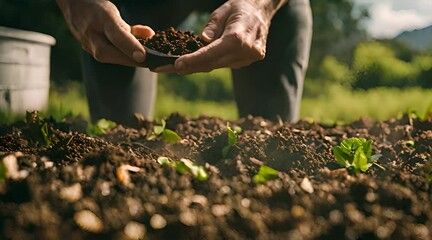 the gardener puts fertilizer in the garden