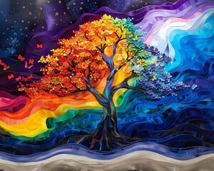 Meditative Tree of Life artwork, abstractly portrayed with colorful, flowing chakra energies, creating a serene and uplifting atmosphere