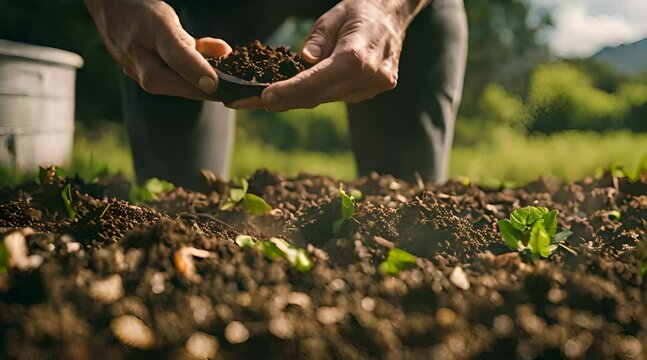the gardener puts fertilizer in the garden