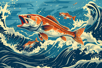 Red fish leaping out of blue waves in a dynamic vector illustration, copy space - 797351189