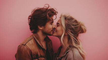 International Kissing Day, july 6, close up of a caucasian couple kissing on pink background with copy space - Powered by Adobe