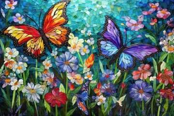 Butterflies in flower garden art backgrounds painting.