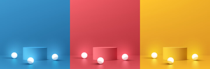 Set of 3D product podium background in blue, red and yellow color with glowing neon balls. Abstract composition in minimal design. 3D studio showroom product pedestal, Fashion showcase mock up scene.
