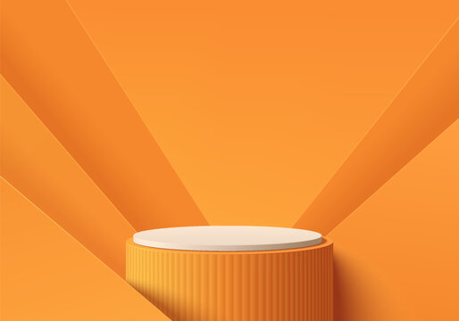 3D round product podium orange background with geometric backdrop. Abstract composition in minimal design. 3D studio showroom product pedestal, Fashion showcase mockup scene. Vector banner cosmetic.