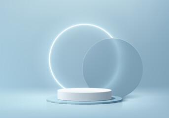 3D round product podium blue background with glowing neon ring behind. Abstract composition in minimal design. 3D studio showroom product pedestal, Fashion showcase mock up scene. Banner cosmetic.