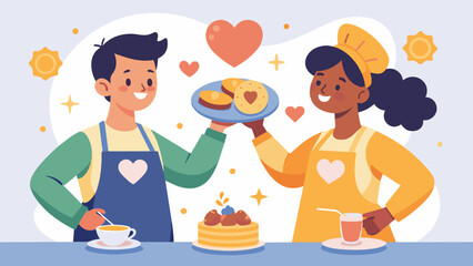 An apronclad duo eagerly flipping pancakes and sipping mimosas on their first cooking day brunch complete with quirky pancakes shaped like