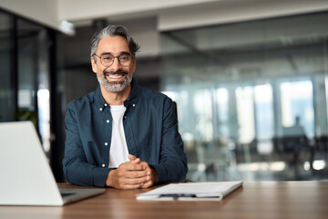 Happy middle aged professional business man, older executive ceo manager, smiling mature entrepreneur wearing glasses and shirt sitting at office desk working on laptop computer. Copy space. Portrait.