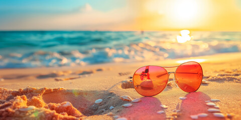 Fototapeta na wymiar summer wallpaper, sunglasses on beach in front of exotic sea 
