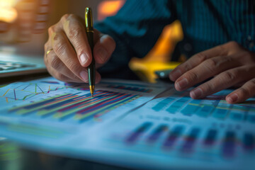 Naklejka premium investor examines financial stability through ascending graphs symbolizing diversification and investment analysis