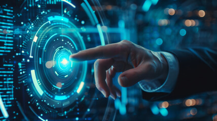 Businessman use forefinger touching security button on virtual screens, internet technology