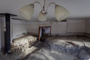 Interior of a house destroyed by flooding in the Cyclone Gabrielle natural disaster. Eskdale,...