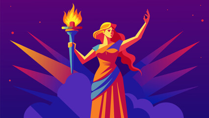 Freedoms Flame A vibrant sculpture of a woman standing tall holding a torch in one hand and a scroll in the other representing the flame of liberty. Vector illustration