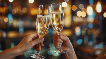 hands with glasses of champagne wine clink against in party blurred background