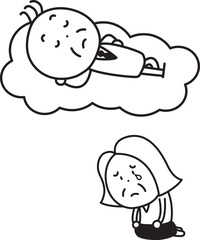 雲の上で寝そべる男性と悲しむ女性のイラスト