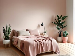 Bedroom in pastel tone peach fuzz color trend 2024 year panton furniture and background. Modern luxury room interior home design. Empty painting wall for art or wallpaper, pictures, art. 3d render