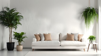  Bright and cozy modern living room interior have sofa and plant with white plaster wall 