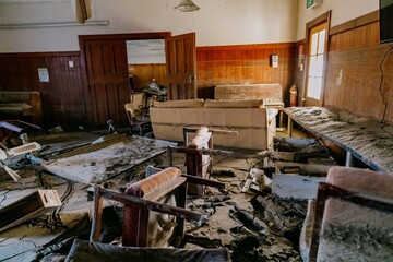 Interior of a school destroyed by flooding in the Cyclone Gabrielle natural disaster. Eskdale,...