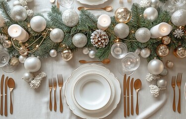 Christmas table arrangement, flat-lay, white dishes, branches