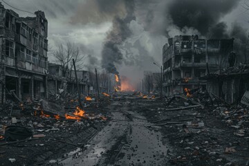 Post-Apocalyptic Scene of Devastation in an Urban Center at Twilight