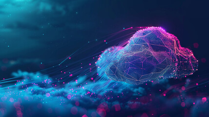 A neon and low poly rendition of the digital cloud, showcasing the ethereal nature of cloud computing and data storage
