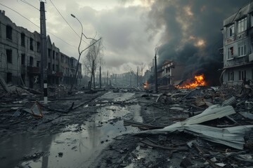 Post-Apocalyptic Scene of Devastation in an Urban Center at Twilight
