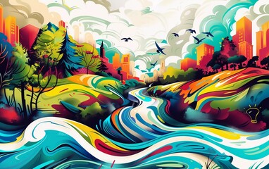Fototapeta na wymiar illustration of a colorfull landscape potrait with graffity art style